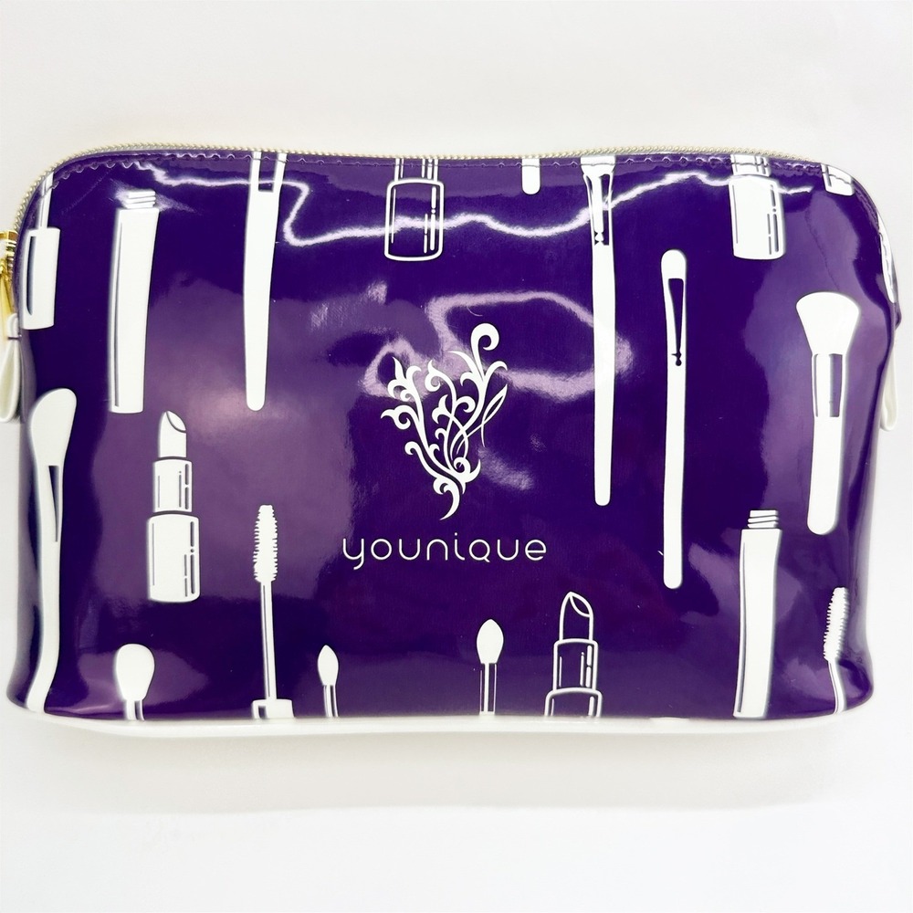 Younique Purple Patent Makeup Bag Graphic Print Cosmetic Travel Pouch Gold Zip